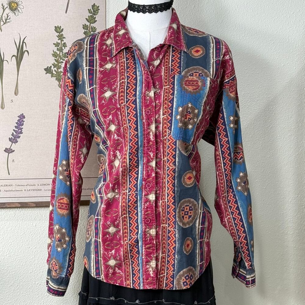 Womens Red & Blue Patterned Button-Up Shirt